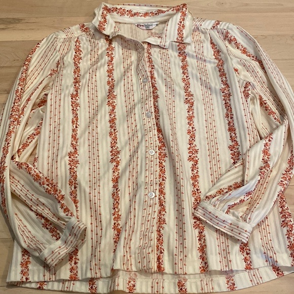 Vintage-70s-Floral Rose Stripe Button Down Shirt Top - Picture 1 of 7